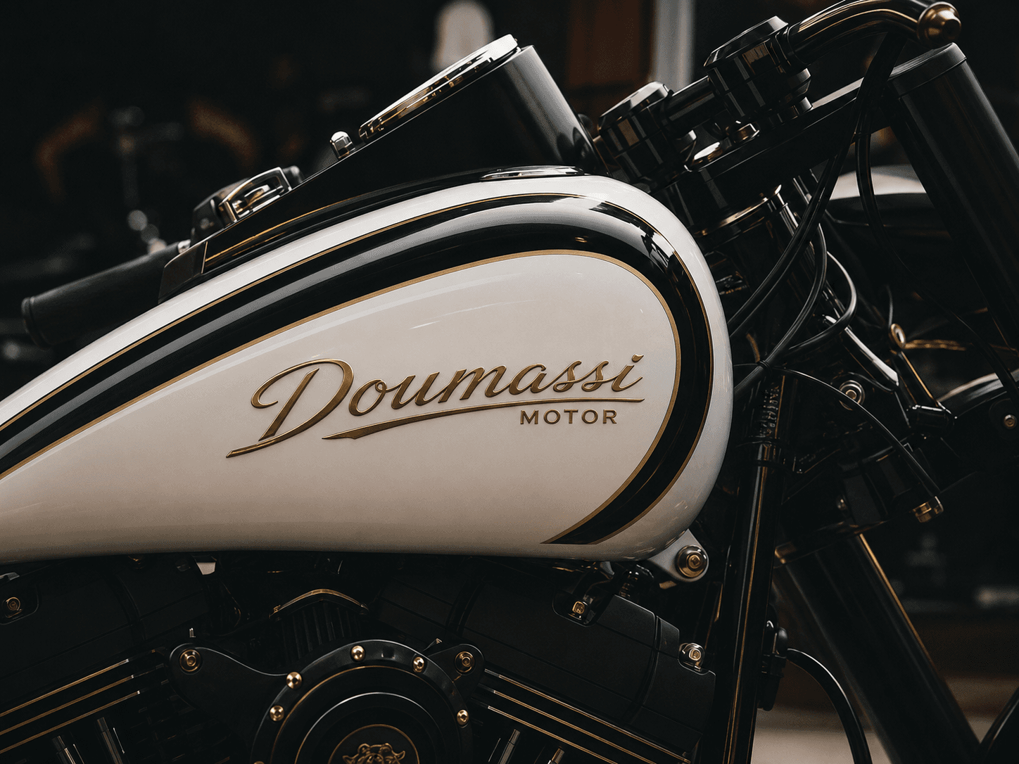 Réservoir de moto portant le logotype doré Doumassi Motor